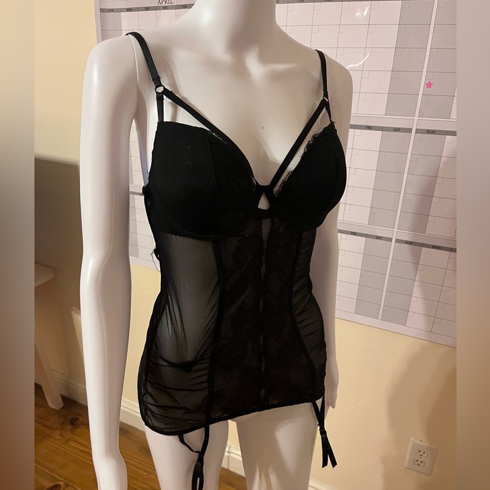 Jezebel USA black lace bodice Teddy with garter clips size M
